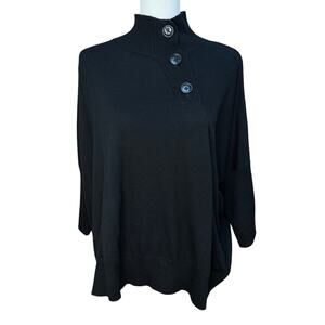 Repeat Wool Poncho Sweater Womens Small Black Merino Ribbed Knit Button Neck